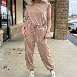 Relaxed Tan Jumpsuit with Crew Neck and Drawstring Waist